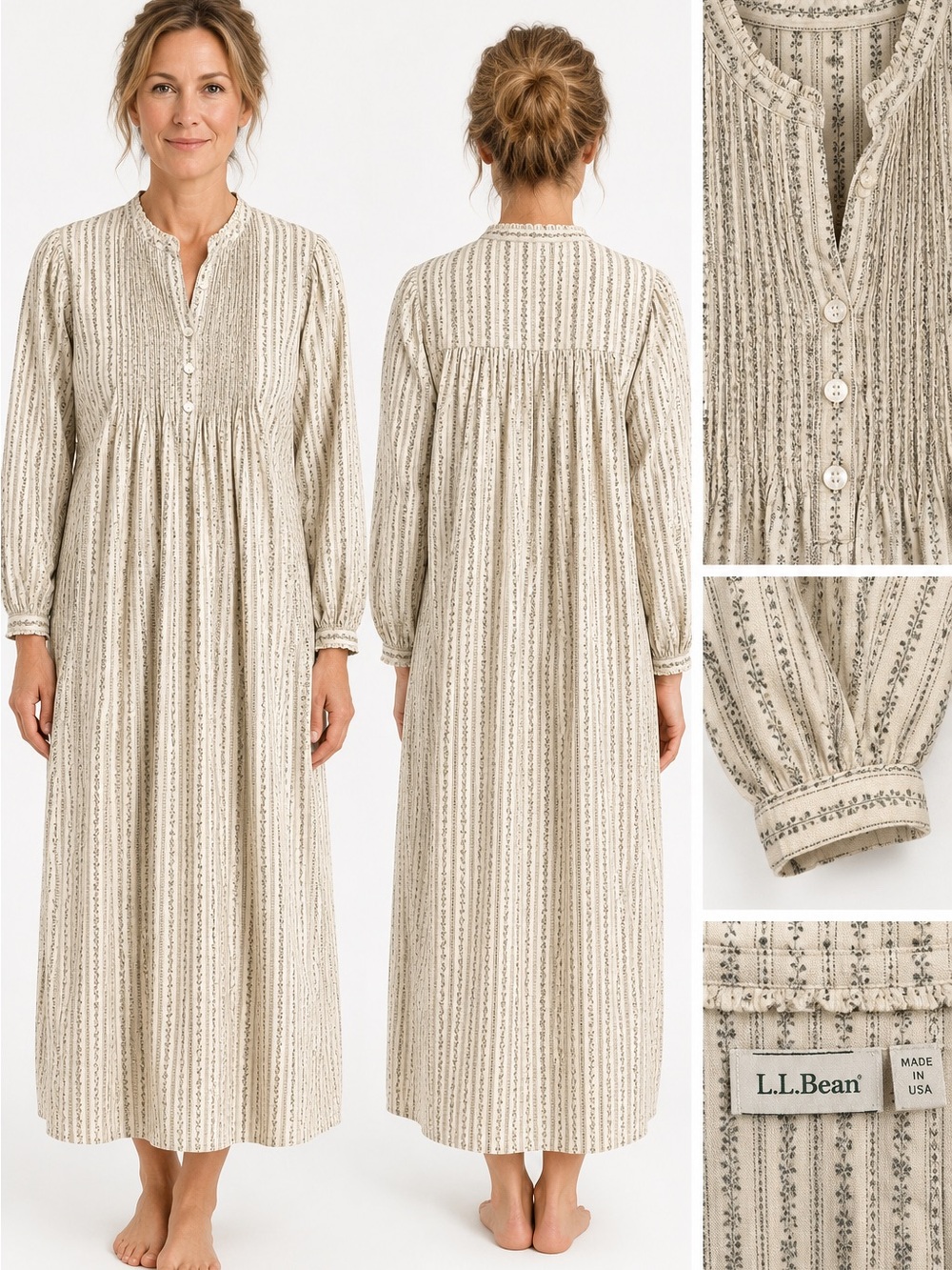 L.L. Bean striped cotton flannel nightgown pintuck and smocked size L